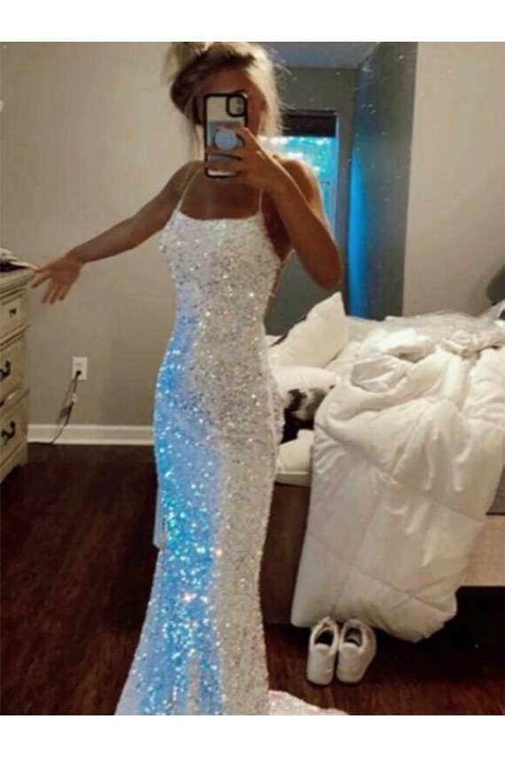 Cheapest Long Spaghetti Straps Sleeveless Sweep Train Velvet Sequin Prom Dress UK