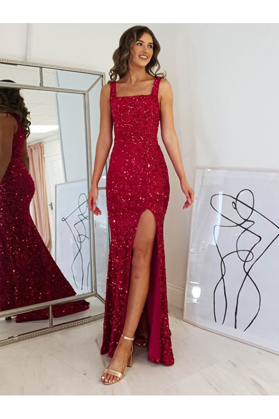 Cheapest Square Neck Sleeveless Long Velvet Sequin Prom Dress with Slit UK