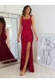 Cheapest Square Neck Sleeveless Long Velvet Sequin Prom Dress with Slit UK