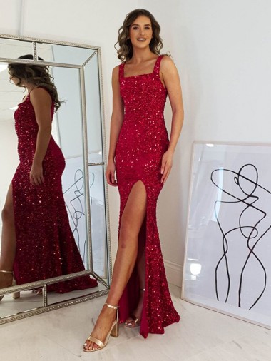 Cheapest Square Neck Sleeveless Long Velvet Sequin Prom Dress with Slit UK