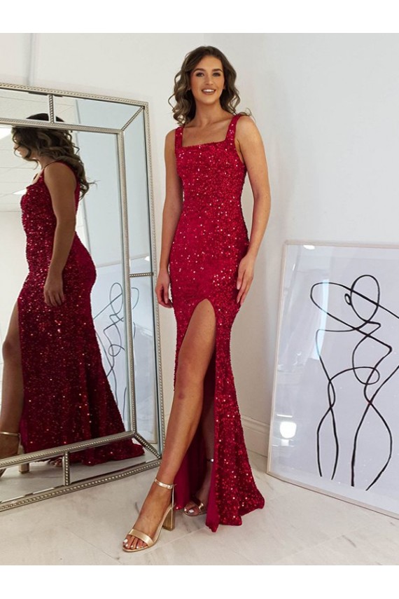 Cheapest Square Neck Sleeveless Long Velvet Sequin Prom Dress with Slit UK