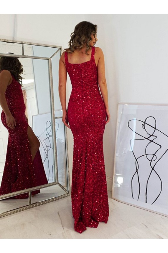 Cheapest Square Neck Sleeveless Long Velvet Sequin Prom Dress with Slit UK