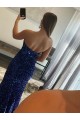 Cheapest Strapless Sleeveless Long Sweep Train Velvet Sequin Prom Dress with Side Slit UK