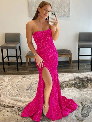 Cheapest Strapless Sleeveless Long Sweep Train Velvet Sequin Prom Dress with Side Slit UK