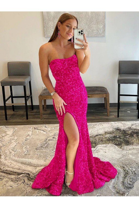 Cheapest Strapless Sleeveless Long Sweep Train Velvet Sequin Prom Dress with Side Slit UK