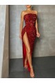 Cheapest Strapless Sleeveless Long Floor Length Velvet Sequin Prom Dress High Side Slit UK