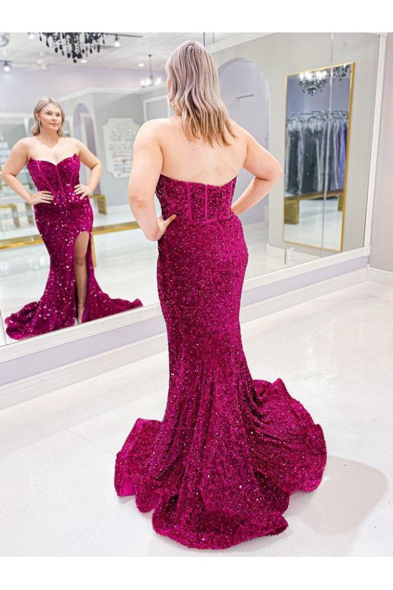 Cheapest Long Sweetheart Sleeveless Sweep Train Velvet Sequin Prom Dress with Slit UK