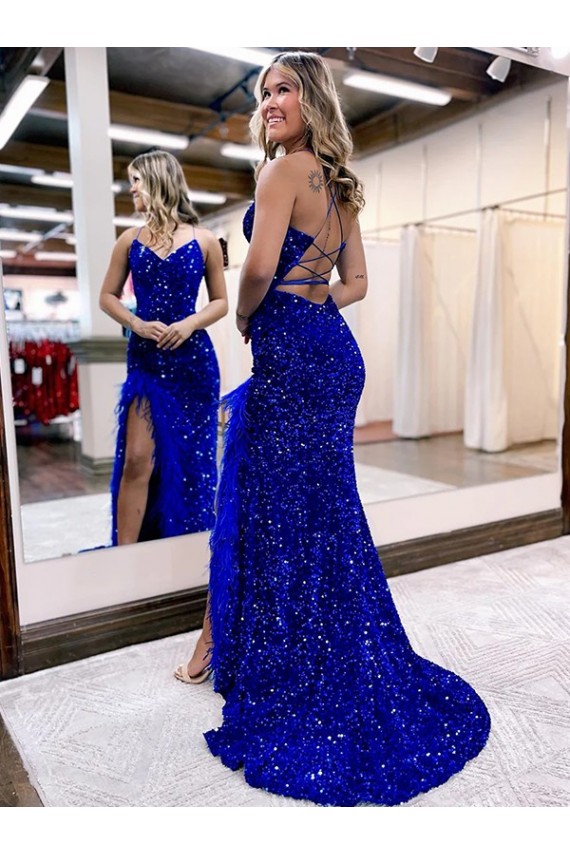 Cheapest V-Neck Sleeveless Long Velvet Sequin Royal Blue Prom Dress with Side Slit UK