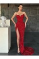 Cheapest V-Neck Sleeveless Long Sweep Train Velvet Sequin Prom Dress with High Side Slit UK