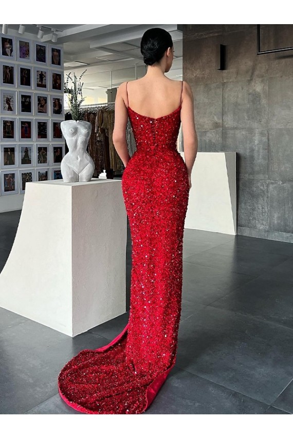 Cheapest V-Neck Sleeveless Long Sweep Train Velvet Sequin Prom Dress with High Side Slit UK