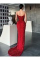 Cheapest V-Neck Sleeveless Long Sweep Train Velvet Sequin Prom Dress with High Side Slit UK