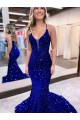 Cheapest Mermaid V-Neck Sleeveless Long Court Train Velvet Sequin Prom Dress UK