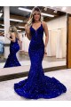 Cheapest Mermaid V-Neck Sleeveless Long Court Train Velvet Sequin Prom Dress UK