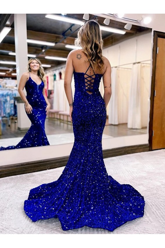 Cheapest Mermaid V-Neck Sleeveless Long Court Train Velvet Sequin Prom Dress UK