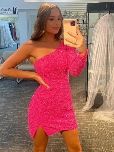 Cheapest Short Velvet Sequin One Shoulder Long Sleeves Prom Dress UK