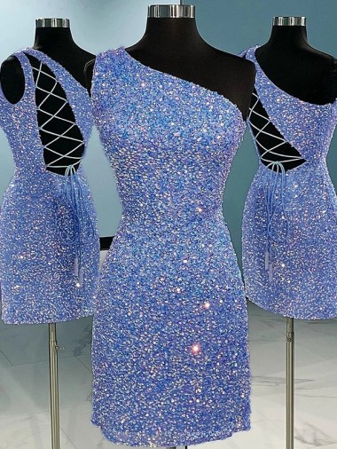 Cheapest Short Velvet Sequin One Shoulder Sleeveless Prom Dress UK