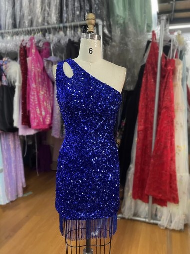 Cheapest One Shoulder Keyhole Sleeveless Short Velvet Sequin Prom Dress UK