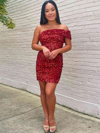 Cheapest Short One Shoulder Sleeveless Velvet Sequin Cocktail Prom Dress UK