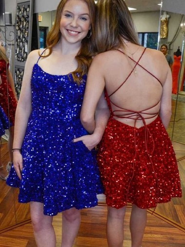 Cheapest A-Line Spaghetti Straps Sleeveless Short Velvet Sequin Prom Dress UK