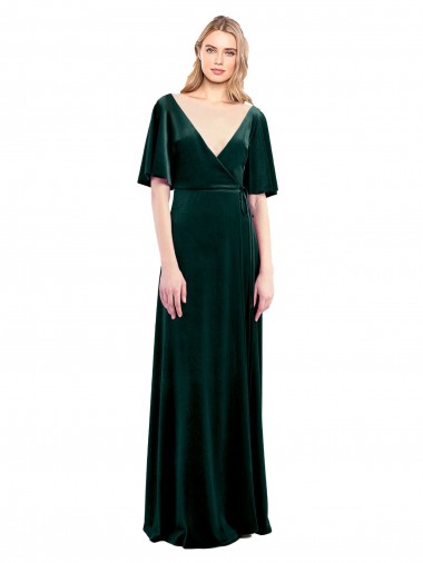 Cheapest Deep V-Neck Flutter Sleeves Long Velvet Wrap Prom Dress UK