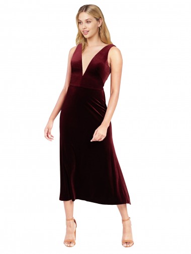 Cheapest Daring Plunging V-Neckline Short Midi Length Velvet Cocktail Prom Dress / Homecoming Dress UK