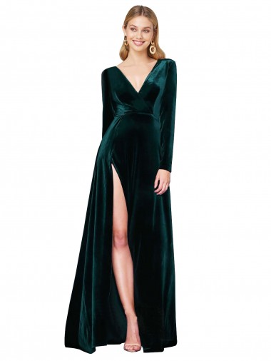 Cheapest Deep V-Neck Long Sleeves Velvet Prom Dress with High Side Split UK