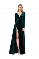 Cheapest Deep V-Neck Long Sleeves Velvet Prom Dress with High Side Split UK