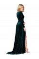 Cheapest Deep V-Neck Long Sleeves Velvet Prom Dress with High Side Split UK