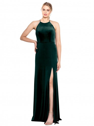 Cheapest Long Jewel Neck Full Length Velvet Prom Dress with Side Slit UK