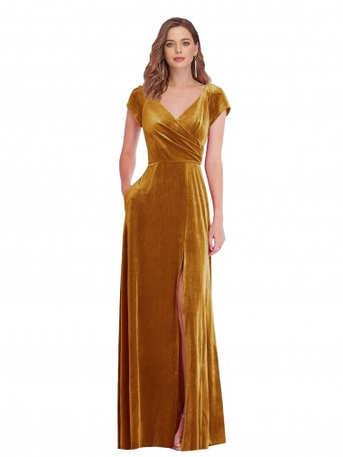 Cheapest Cap Sleeve Faux Wrap Velvet Maxi Prom Dress with Pockets UK