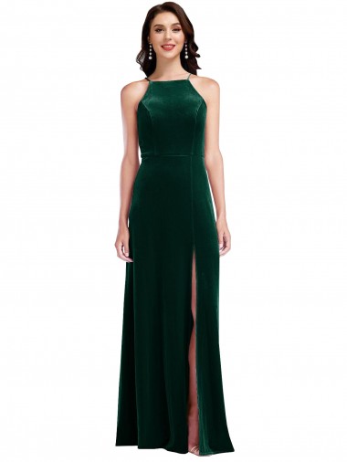 Cheapest Velvet Halter Maxi Prom Dress with Front Slit & Pockets UK