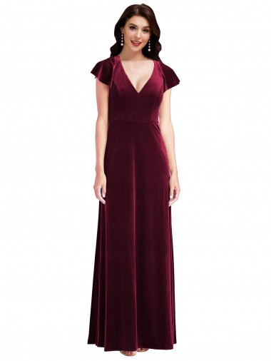 Cheapest Flutter Sleeve Velvet Maxi Prom Dress with Pockets UK