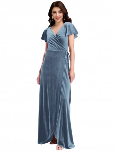 Cheapest Flutter Sleeve Velvet Wrap Maxi Prom Dress with Pockets UK