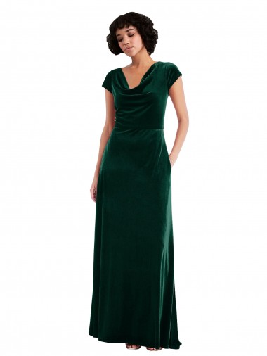 Cheapest Cowl Neck Cap Sleeve Velvet Maxi Prom Dress with Pockets UK