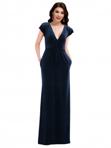 Cheapest Flutter Sleeve Wrap Bodice Velvet Maxi Prom Dress with Pockets UK