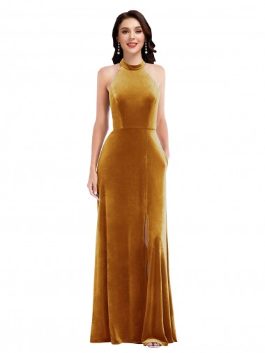 Cheapest High-Neck Halter Velvet Maxi Prom Dress with Front Slit UK