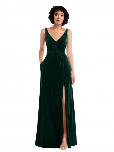 Cheapest Floor Length Velvet Maxi Prom Dress with Shirred Bodice and Front Slit UK