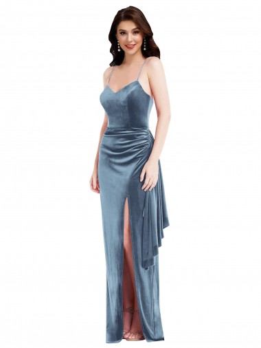 Cheapest Spaghetti Strap Velvet Maxi Prom Dress with Draped Skirt UK