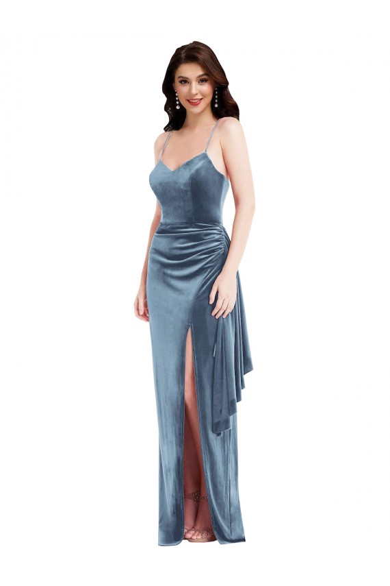 Cheapest Spaghetti Strap Velvet Maxi Prom Dress with Draped Skirt UK