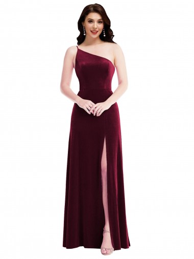 Cheapest One Shoulder Spaghetti Strap Velvet Maxi Prom Dress with Pockets UK