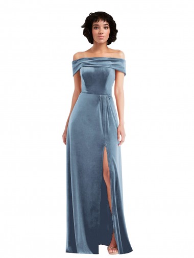 Cheapest Draped Cuff Off the Shoulder Velvet Maxi Prom Dress with Pockets UK