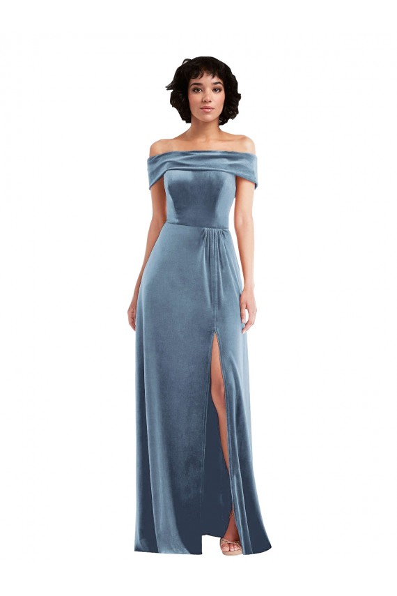 Cheapest Draped Cuff Off the Shoulder Velvet Maxi Prom Dress with Pockets UK