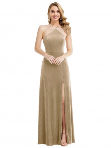 Cheapest High Neck Halter Open Back Long Velvet Maxi Prom Dress with Pockets UK