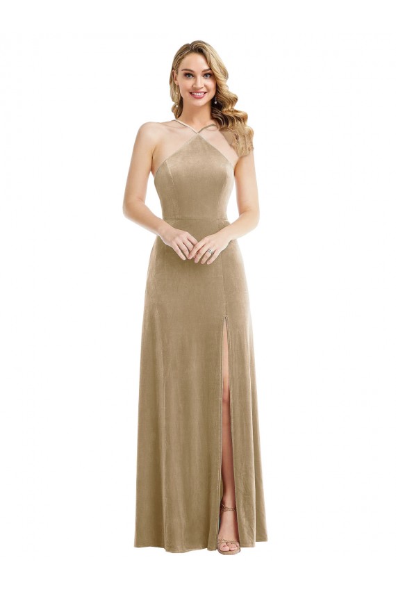 Cheapest High Neck Halter Open Back Long Velvet Maxi Prom Dress with Pockets UK