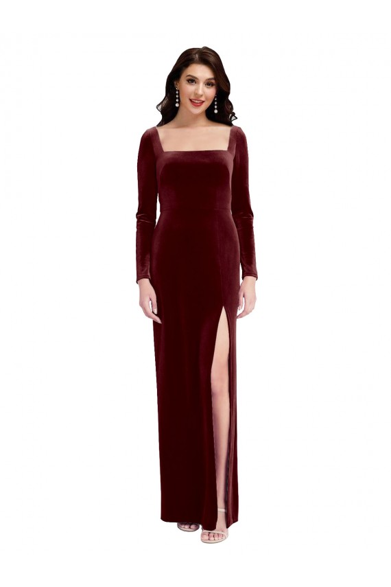 Cheapest Sleek Square Neck Spaghetti Straps Velvet Prom Dress with Side Slit UK