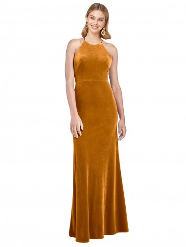 Cheapest Halter Neckline Long Full Length Velvet Prom Dress with Strappy Back UK