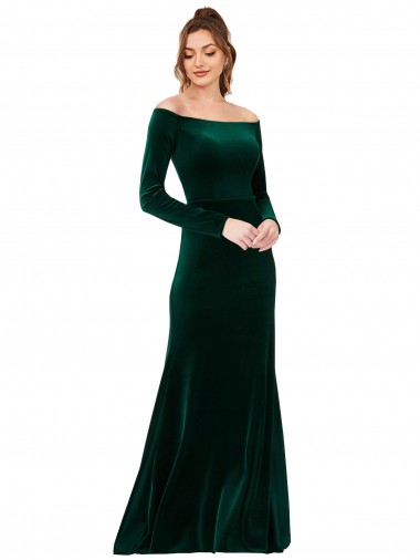 Cheapest Off the Shoulder Long Sleeves Stretch Velvet Prom Dress UK