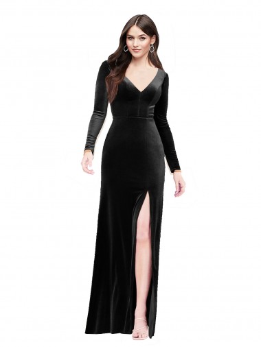 Cheapest Long Sleeves Velvet Prom Dress with V-Neckline and Thigh Slit UK