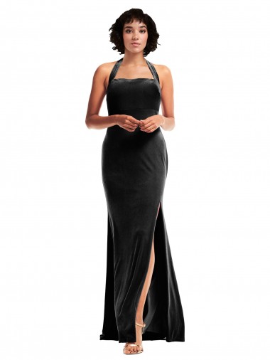 Cheapest Empire Waist Stretch Velvet Prom Dress with Halter Strap UK