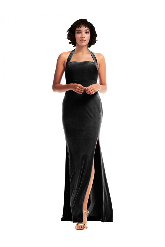 Cheapest Empire Waist Stretch Velvet Prom Dress with Halter Strap UK